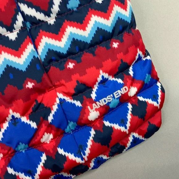 Lands End Women's Puffer Vest Size S/P 6-8 Red Blue White Patterned Down Fill - Picture 5 of 7